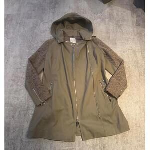 Dawn Levy Women's Olive Green Hooded Coat with Lace Sleeves, Size L